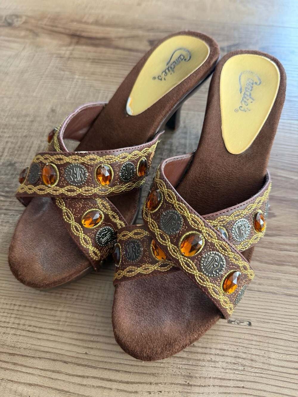 Vintage Candie's Brown Embroidered Jewel Sexy Heels Mules Size 8B